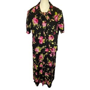 Expressions Plus Maxi Dress Set Women 18W Black Floral 2pc Vintage Rayon Rose